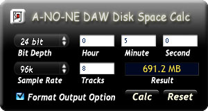 DAW オーディオファイルサイズ計算機
